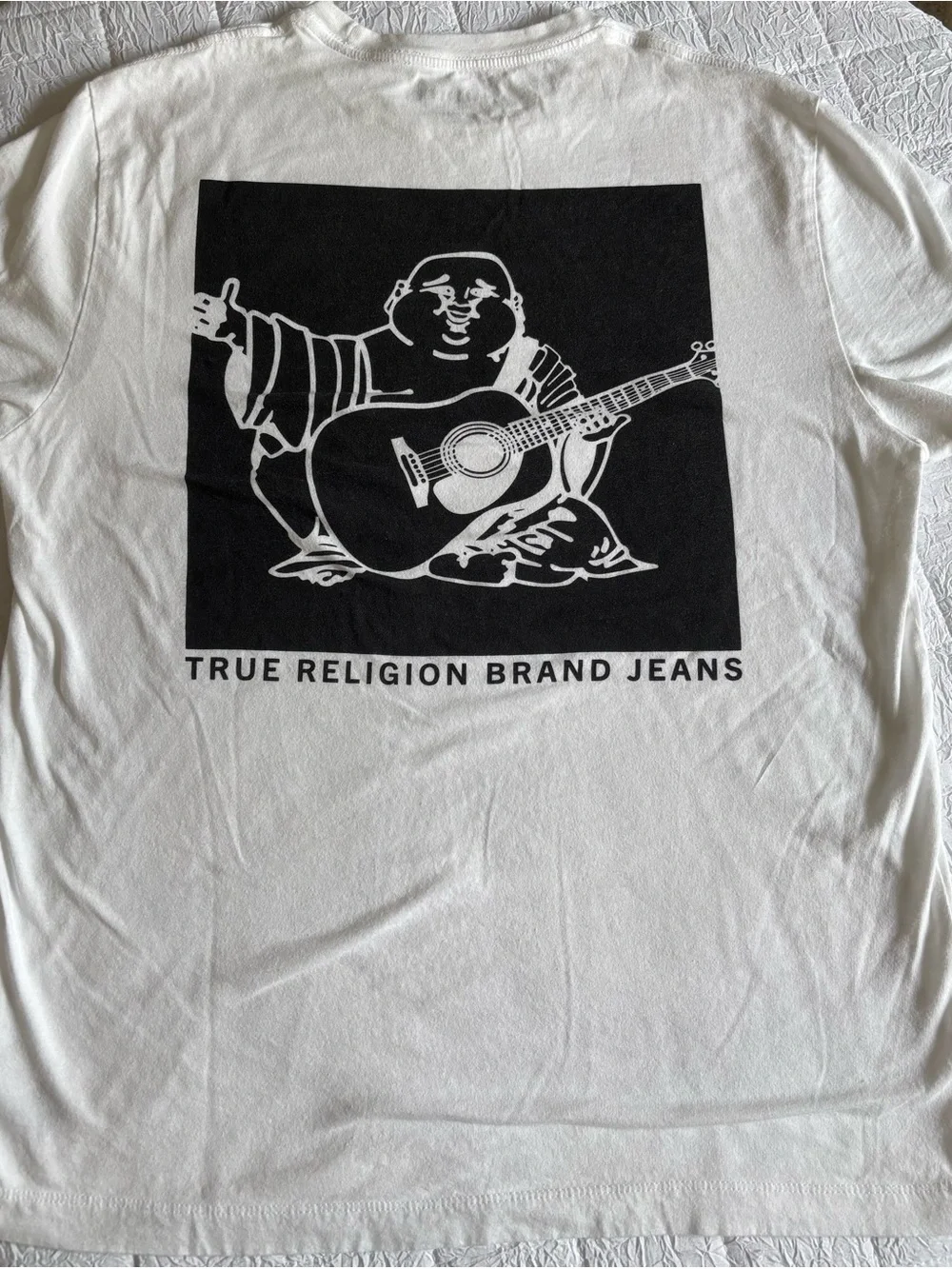 True Religion Men's White T-Shirt Buddha Guitar Back Graphic Crewneck Size L